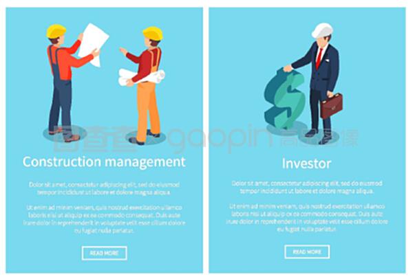 建筑管理和投资者网页设置与管理和商人用钱,矢量插图孤立在蓝色背景。建筑管理页面矢量插图